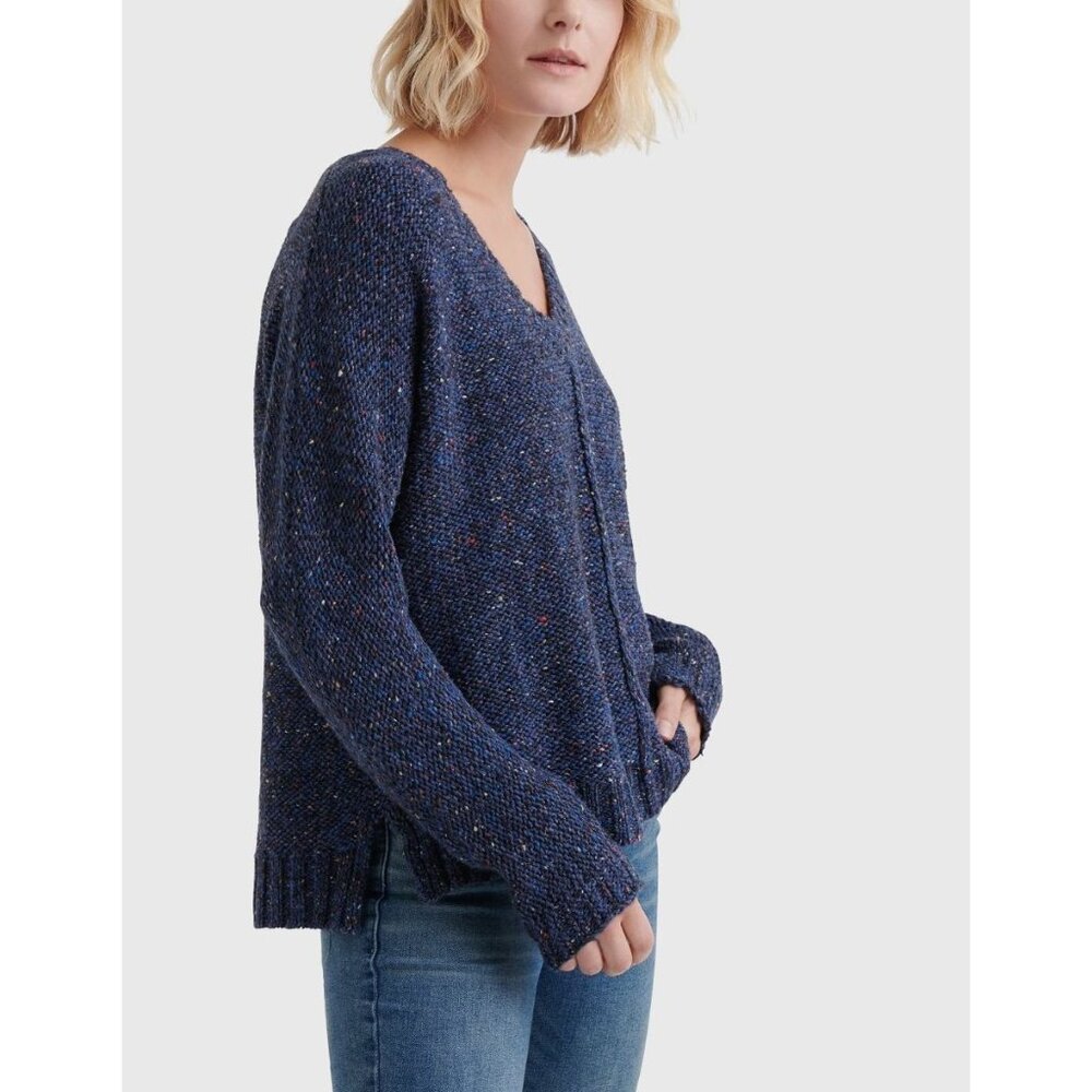 Lucky Brand Womens Sweater Sz L Chunky Knit Blue Speckled V-Neck Slouchy Comfy
